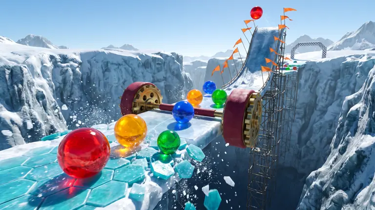 Eight colourful jelly-like blob racers leap across cracking hexagonal ice tiles and dodge spinning brass and crimson hammers on a sunlit glacier obstacle course.