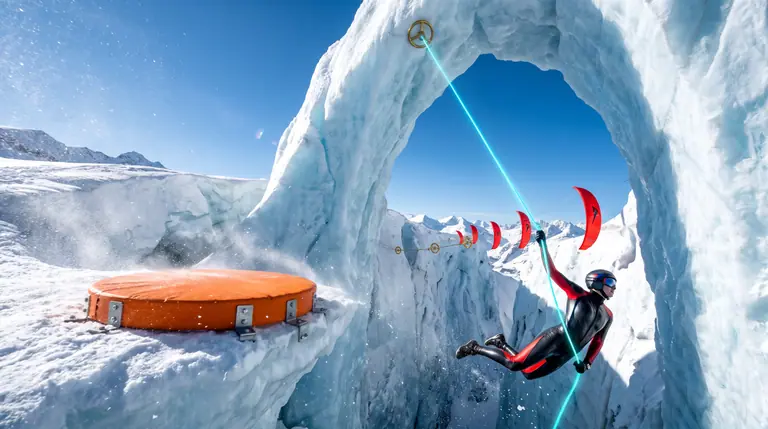 An aerialist in an obsidian and scarlet flight suit swings on a glowing cyan grappling line from an overhead brass anchor ring between sunlit glacial ice arches.