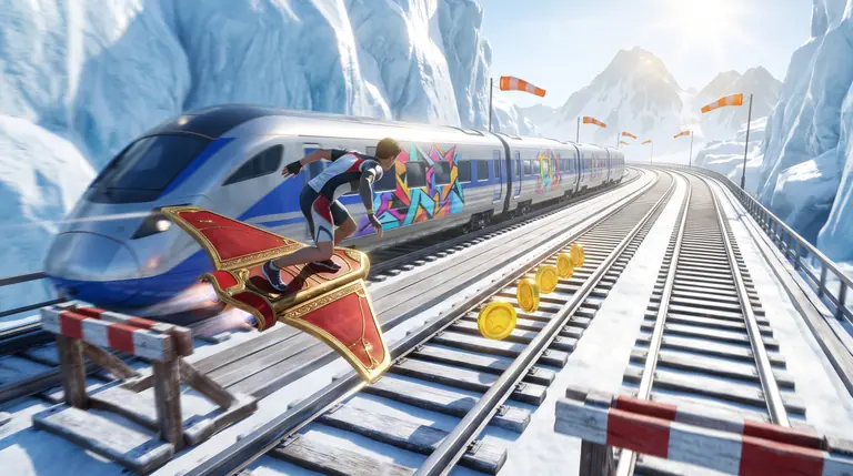A runner on a scarlet hoverboard glides above three elevated railway tracks lined with spinning gold coins, striped barriers, and mural-painted express trains in bright mountain sunlight.