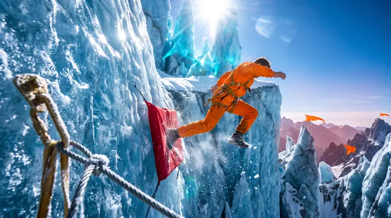 A parkour runner in a solar-orange wind-suit wall-running across a vertical sapphire glacier spire toward a high ledge.