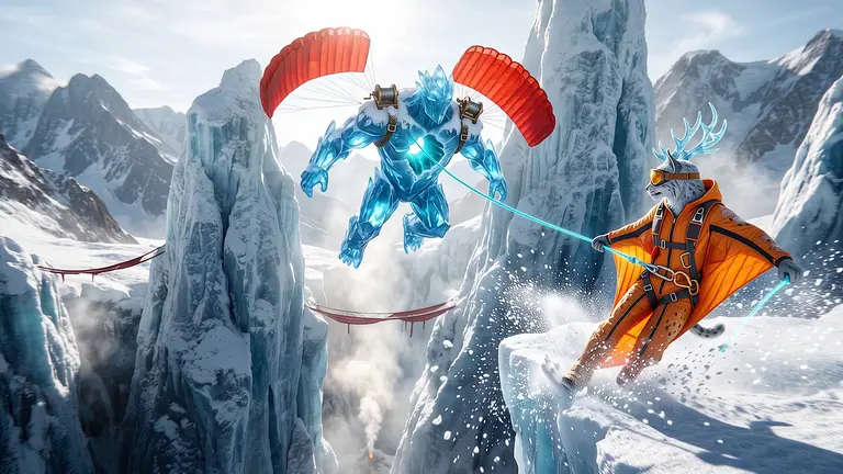 Glacivar, a ten-foot sapphire ice colossus with scarlet kite wings, leaps between sunlit glacial spires while towing Kiterra Vane, a snow-lynx navigator in a solar-orange wingsuit, above crimson silk skybridges.