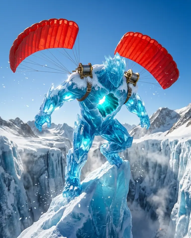 Glacivar, a ten-foot sapphire glacier colossus with glowing cyan chest vents and deployed scarlet kite wings, stands poised on a sunlit blue ice pinnacle.