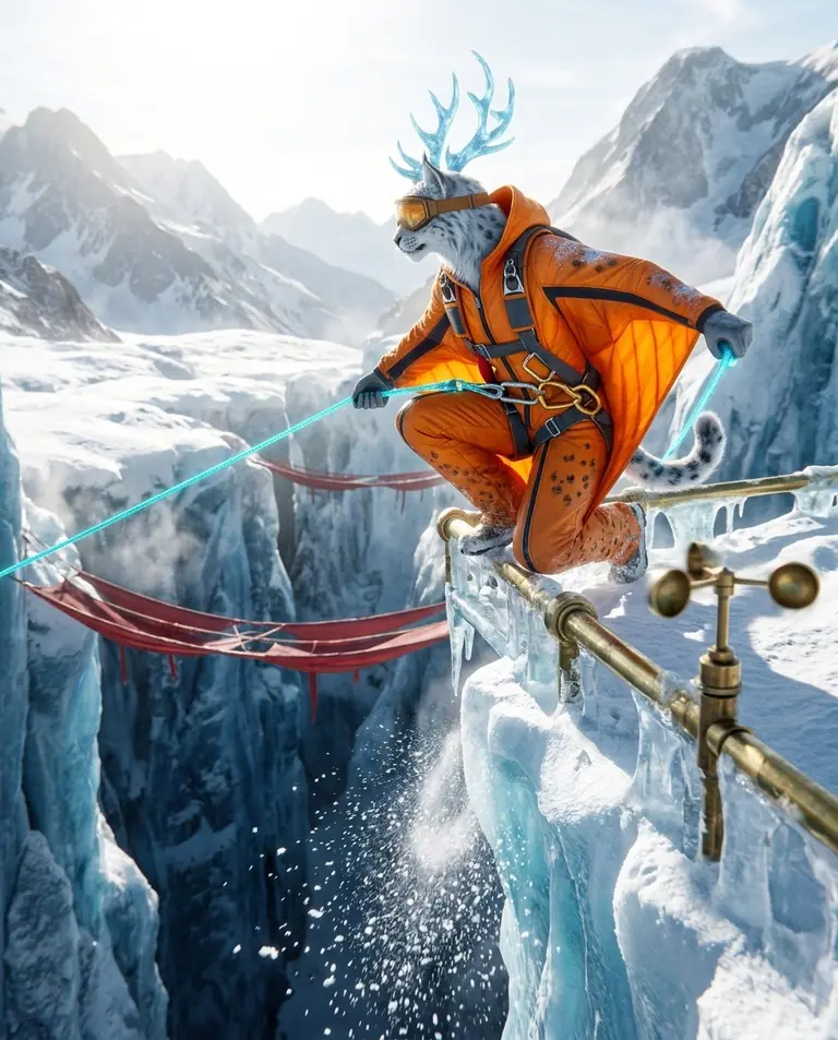 Kiterra Vane, a snow-lynx navigator with frost-blue crystalline antlers and a solar-orange wingsuit, crouches on a brass launch rail above a sunlit glacier canyon.