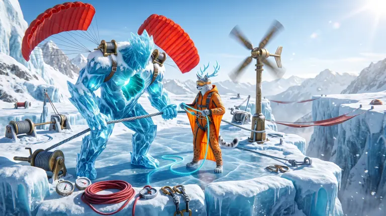 Glacivar and Kiterra Vane stand on a sunlit sapphire glacier rigging deck beside brass wind-turbines and coiled crimson towlines overlooking a canyon of silk skybridges.